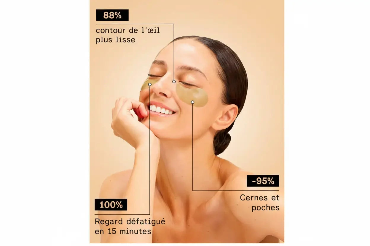 Femme souriante avec patchs hydratants sous les yeux, contour des yeux plus lisse