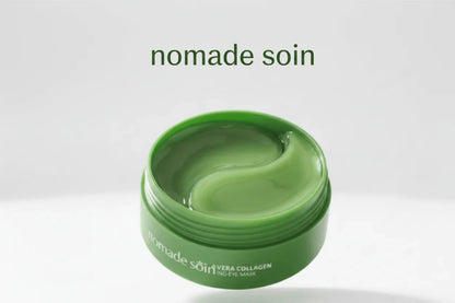 Pot vert de masque yeux aloe vera et collagène Nomade Soin sur fond blanc