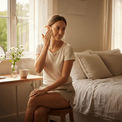 Femme appliquant un masque facial en or assise dans une chambre lumineuse, ambiance détente et soin